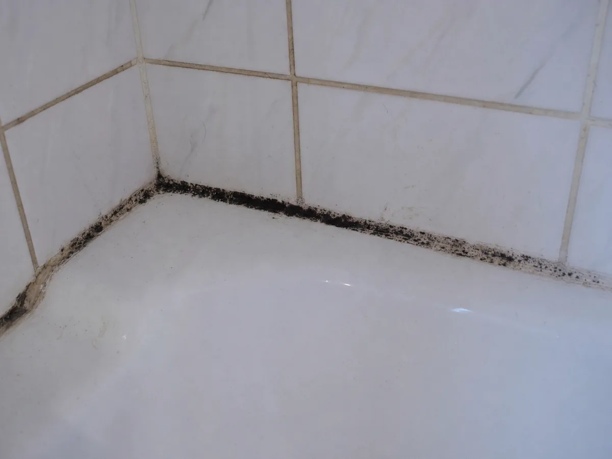 Schimmel an Silikonfugen im Bad — Detail vor Sanierung